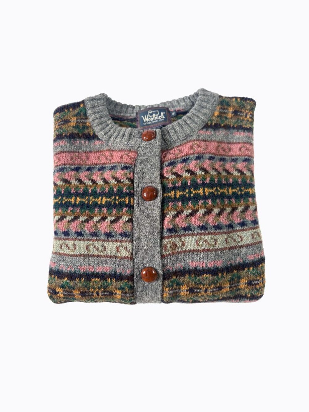 Vtg Woolrich Fair Isle Wool Cardigan Sweater M Gray Chunky Knit Cottagecore Cozy - Picture 3 of 11